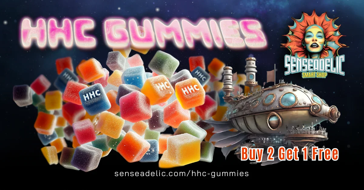 Reclame voor HHC gummies met promotieaanbieding.