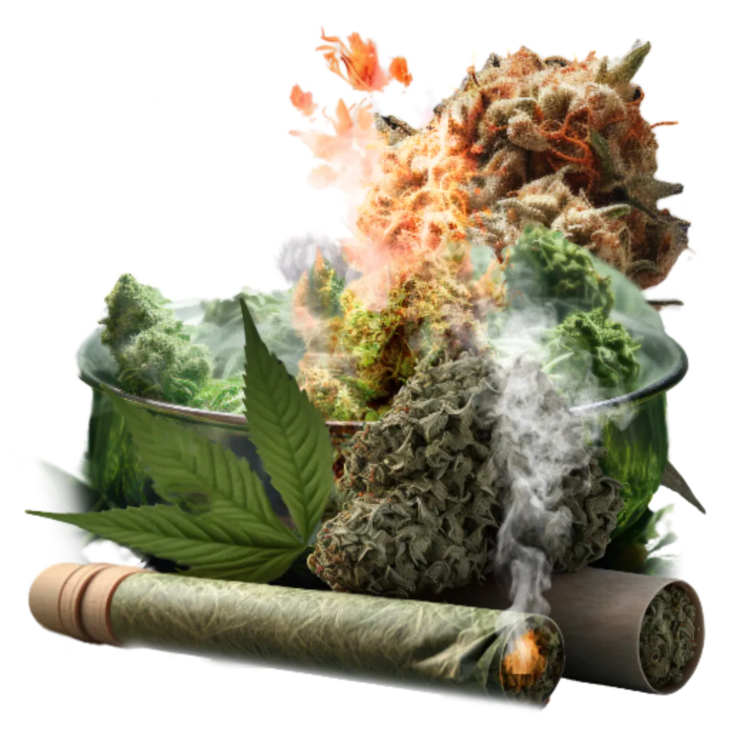 Bourgeons, joints et feuilles de cannabis avec fumée