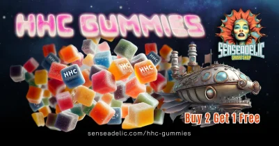 Pubblicità di HHC gummies con offerta promozionale.