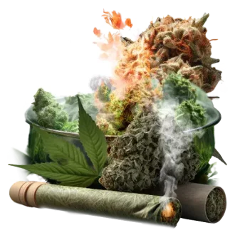 Cannabisbladeren, toppen en rookcollage.