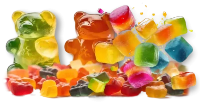 Assorted colourful gummy bears and sweets exploding.