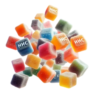 Assorted HHC gummies, colorful, translucent.