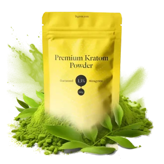 Paquete de Kratom Premium en polvo con hojas y detalles del producto.