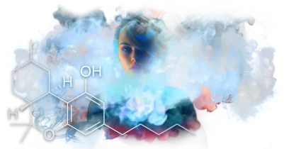 Woman with water molecule and colorful smoke.