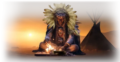 Indigenous person in ceremonial attire by tent at sunset.
