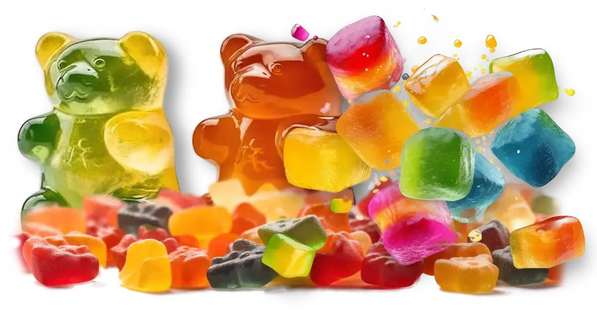 Assorted colourful gummy bears and sweets exploding.