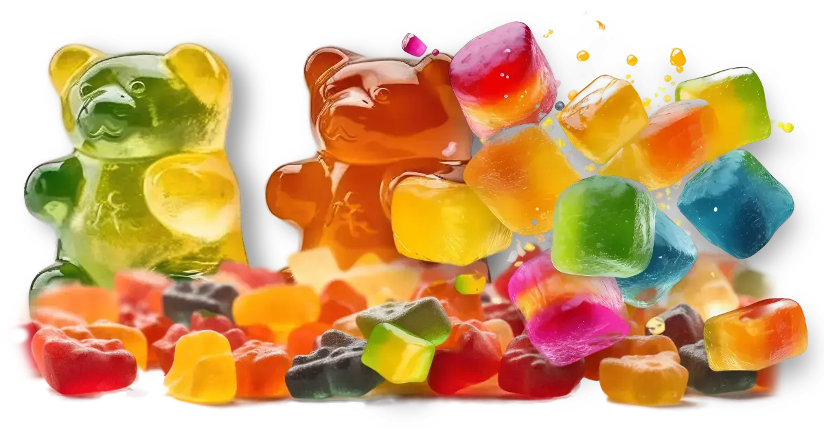 Bunt gemischte Gummibärchen und explodierende Bonbons.