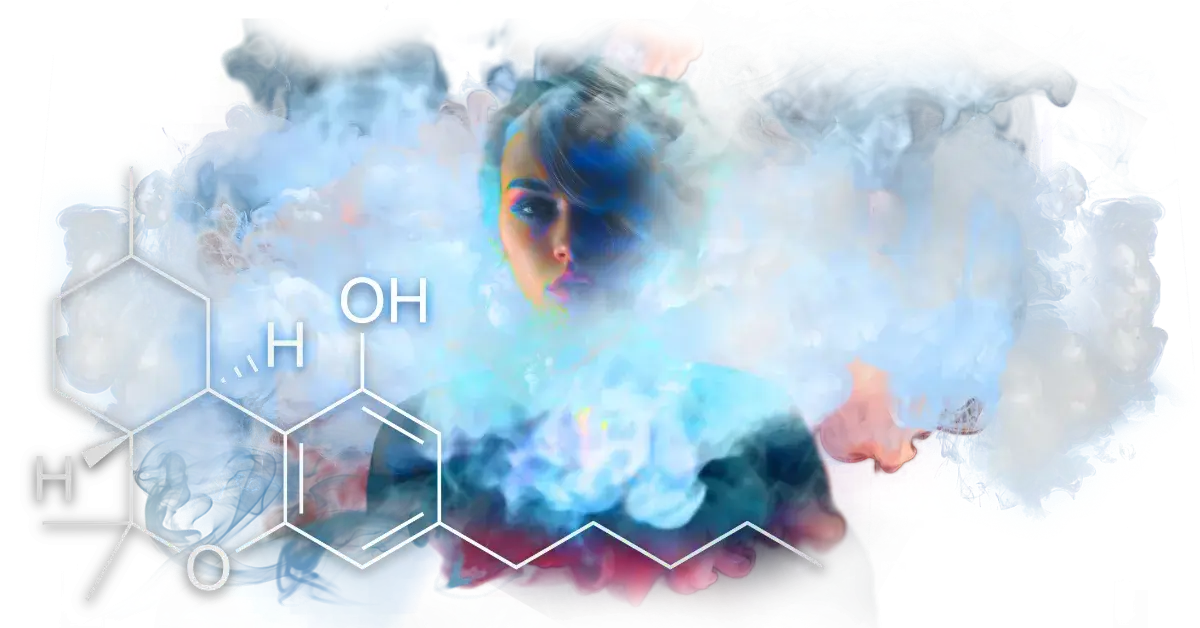 Woman with water molecule and colorful smoke.