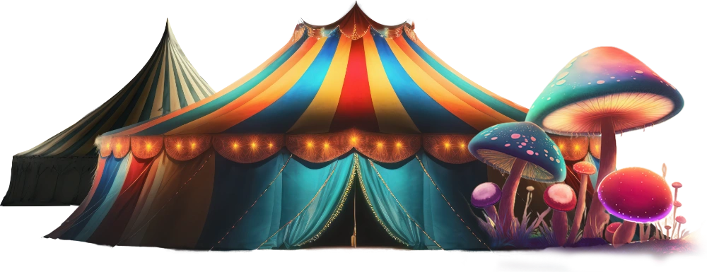 Colourful circus tent with giant glowing mushrooms.