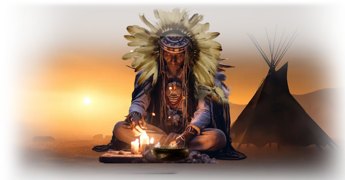 Indigenous person in ceremonial attire by tent at sunset.